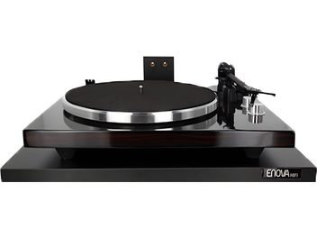 Μαύρο επιτοίχιο έπιπλο για πικάπ Enova HIFI Turntable Wallmount, κυκλική βάση, βραχίονας, χρυσά κουμπιά, ξύλινο ράφι