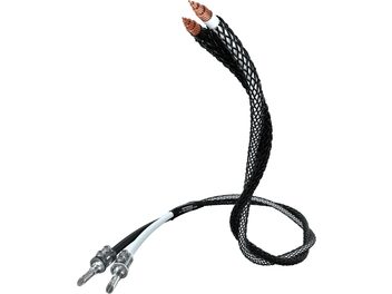 Câble noir tressé avec deux fiches bananes cuivrées à chaque extrémité, de marque Inakustik, modèle Référence LS-104 Micro AIR