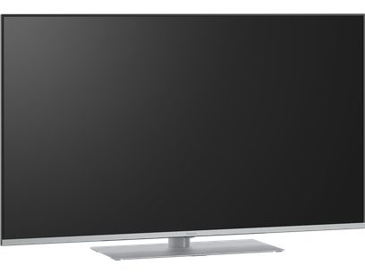 Televisor de alta definición Panasonic TV-50W93AE6, pantalla plana negra, marco delgado, soporte rectangular plateado, vista de tres cuartos
