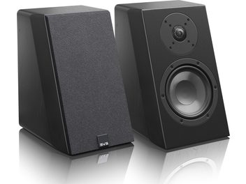 Two SVS Ultra Elevation black ash speakers, one front view and one three-quarter rear view, with visible woofer and tweeter