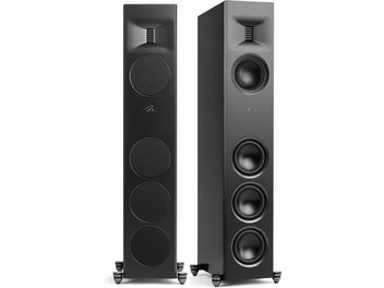 Enceinte colonne MartinLogan Motion XT F100 noir laqué avec 4 haut-parleurs circulaires visibles et un tweeter rectangulaire