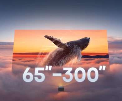 Pilt vaalast, kes hüppab veest välja päikeseloojangul, tekst "65''-300''", projektor all keskel