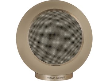 Enceinte bibliothèque Elipson Planet L Performance beige mat avec grille circulaire en métal et base cylindrique portant des inscriptions