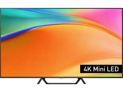 Panasonic TV-65W95BEG 4K Mini LED black television, slim metal frame, two connected black inverted V-shaped feet, front view
