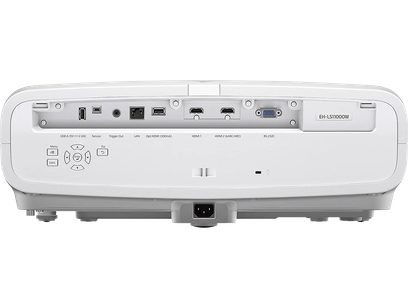 Vidéoprojecteur Epson EH-LS11000W blanc, vue de face, connectique à l'arrière, boutons et voyants sur le dessus