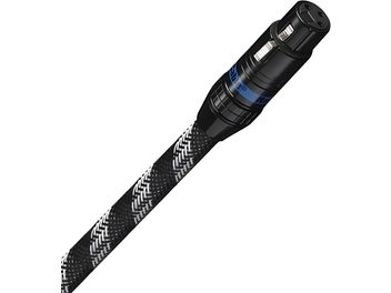 Câble audio numérique AES/EBU avec connecteur XLR noir, gaine tressée noire et blanche, anneau bleu sur le connecteur