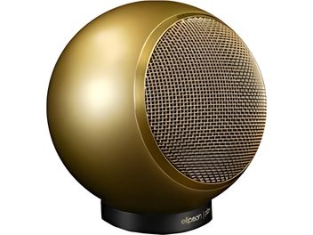 Kompakt Elipson Planet M gold højttaler, tæt forfra, cirkulær gylden metalrist, sort base