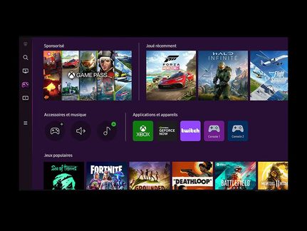 Interface de jeu Xbox avec sections sponsorisé, joué récemment, accessoires et musique, applications et appareils, jeux populaires
