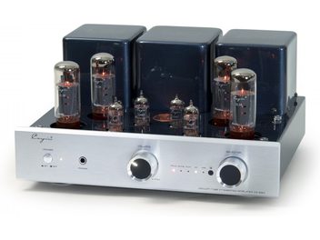 Cayin CS-55A EL34 silver stereo tube integrated amplifier, three-quarter front view, brushed aluminum front panel with two large circular knobs, power button and headphone jack, midnight blue top with four EL34 tubes, four small tubes, and three transformer covers