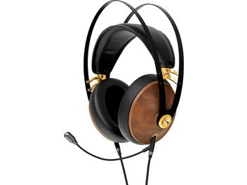 Κλειστά ακουστικά hi-fi Meze Audio 99 Classics καρυδιά/χρυσό με μαύρο στήριγμα κεφαλής, μαύρα μαξιλαράκια, κιτ μικροφώνου boom, τρισδιάστατη όψη
