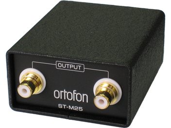 Transformator til pladespiller Ortofon ST-M25, set forfra, 2 forgyldte RCA-stik, sort rektangulært kabinet