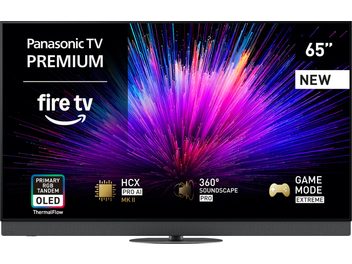 Τηλεόραση Panasonic TV-65Z95B μαύρη, με λεπτό μεταλλο-πλαστικό πλαίσιο, επίπεδη οθόνη OLED 65 ιντσών με ζωντανά χρώματα, ενσωματωμένη ηχομπάρα στη χαμηλότερη υφή ζώνη, τοποθετημένη σε κεντρική οβάλ βάση, όψη από μπροστά