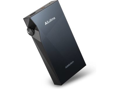 Baladeur audiophile Astell&Kern SP3000M, vedere din unghi, carcasă neagră, buton zimțat pe lateral, 2 porturi audio în partea de sus