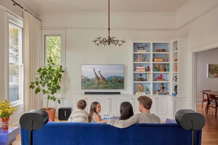 Vue arrière de quatre personnes sur un canapé bleu, télévision murale avec girafes, étagères blanches, plante verte, lustre noir
