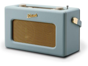 Radio de table Roberts Revival iStream 3L bleu ciel, boîtier rectangulaire en similicuir avec grille avant métallique dorée et logo assorti, deux boutons crème et antenne télescopique sur le dessus, sangle latérale coordonnée, vue trois-quarts avant