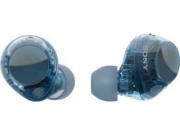 Sony WF-C710N in-ear hovedtelefoner i blå gennemsigtig plast, to ørepropper vist i skrå for- og sideprofil, gråblå silikonepropper og synligt cirkulært gitter