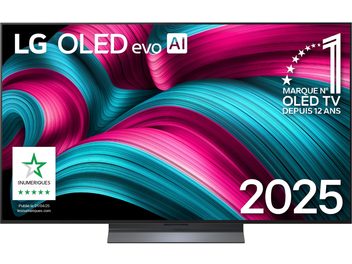 Téléviseur haute définition LG OLED55C5 noir à cadre mince en métal, écran plat OLED 55 pouces affichant des motifs bleu et magenta, monté sur pied central gris anthracite, vue de face