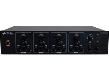 Ampli hi-fi stereo Taga Harmony TA-600MULTI, vista frontale, 4 zone di controllo, manopole di volume, alti, bassi, ingressi USB e MP3