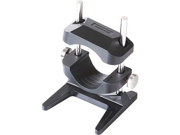 Furutech NCF Booster accessory in matte black metal, front perspective view, with two cylindrical clamps and two vertical rods