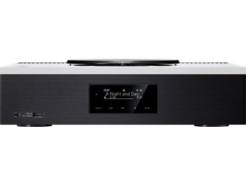 Lecteur CD haute-fidélité Technics SA-C600EG6W, vue de face, écran central noir, texte blanc, boîtier rectangulaire, port USB et prise audio en bas à gauche