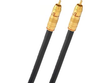 Kabel til subwoofer Oehlbach NF 214 Sub 1m sort med PVC-kappe, riflede RCA-stik i guldbelagt metal med rød markering, nærbillede let fra siden