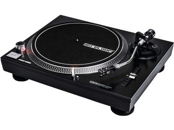 Giradischi hi-fi Reloop RP 2000 MK2 nero, vista dall'alto, piatto circolare, braccio di lettura, pulsanti e manopole