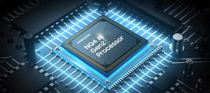 Processeur Samsung NGA AI Gen2 sur circuit imprimé bleu avec connexions métalliques, vue rapprochée de face