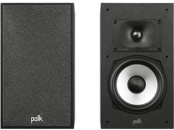 Diffusore da libreria Polk Audio Monitor XT20 nero, visto di fronte e di lato, tweeter e woofer, cabinet in legno nero