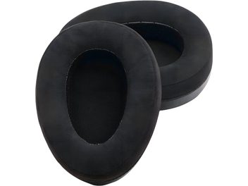 Pair of black Meze Audio oval pads in Alcantara, soft suede-like texture with breathable mesh interior, top view with a slight tilt