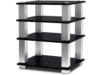 Έπιπλο Hi-Fi Norstone Design Square hifi με 4 επίπεδα από μαύρο γυαλί και ανοξείδωτο αλουμίνιο, ανοιχτή ορθογώνια κατασκευή