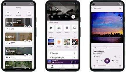 Trois smartphones affichant des interfaces d'application avec des listes de pièces, des sources récentes et une lecture musicale