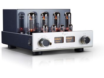 Cayin Jazz 80 EL34 stereo tube integrated amplifier, black metal chassis and brushed silver aluminum front panel, shown from the front left three-quarter view, featuring two large circular knobs, two backlit VU meters, and six visible vacuum tubes