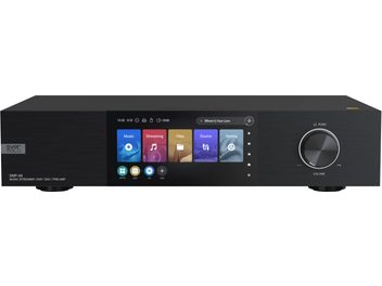 Front view of an EverSolo DMP-A8 network audio player, color screen, buttons, headphone jack, USB port