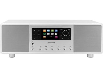 Sonoro Primus digital radio i blank højglans og sølv, rektangulær, farvedisplay, runde knapper