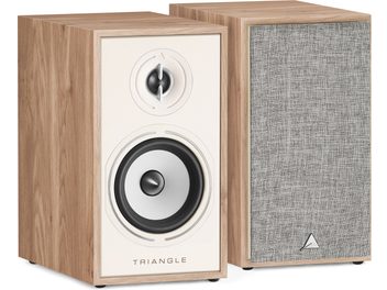 Diffusore da libreria Triangle Borea BR02 in rovere chiaro, vista frontale, tweeter e woofer visibili, cabinet in legno chiaro