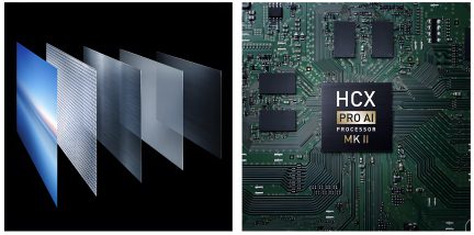 Vue éclatée de couches d'écran à gauche, vue de dessus d'un circuit imprimé avec processeur HCX Pro AI MK II à droite