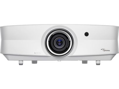 Λευκός βιντεοπροβολέας Optoma UHZ65LV από μπροστινή όψη, με μαύρο φακό στο κέντρο και διάτρητη σχάρα εξαερισμού