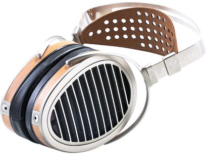 Casque hifi ouvert Hifiman HE1000 V2 Stealth Magnet. Arceau et coques argentés, coussinets et grille noirs. Vue de 3/4 face