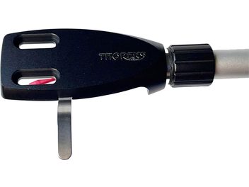 Thorens TD 124 DD-403 DD-1500 black headshell with engraved logo, two rectangular slots, and silver metal rod