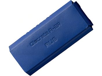 Cayin blue grained leather case for RU6, angled view showing the front embossed with the text Discrete R-2R