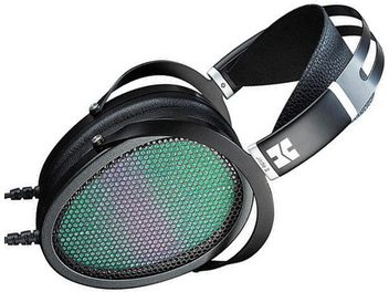 Casque hifi ouvert Hifiman Jade II noir et argent, vu de profil gauche. Coques ovales grillagées vert et noir