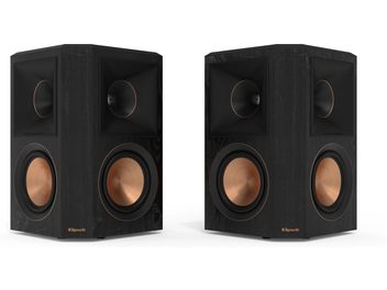 Due diffusori posteriori Klipsch RP-502S II ebony edizione 2022, neri, in legno, vista frontale, illuminazione laterale