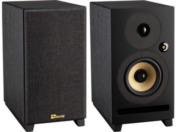 Enceinte bibliothèque Davis Acoustics Krypton 3 technik noir, vue de face et de trois quarts, boîtier rectangulaire, pied court, grille textile amovible, tweeter circulaire noir, woofer jaune tressé, évent bass-reflex horizontal
