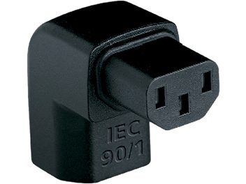 Black Audioquest 90˚ IEC connector, angled at 90 degrees, with two rectangular female sockets and "IEC 90/1" embossed