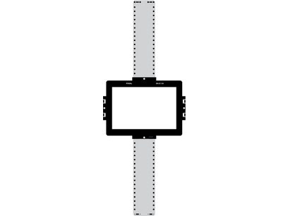 Gabarit de montage rectangulaire noir avec découpe rectangulaire centrale, sur fond blanc avec graduations verticales
