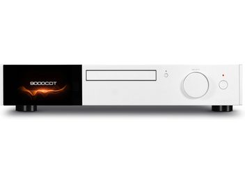 Lecteur CD haute-fidélité Audiolab 9000CDT argent avec écran noir à gauche, tiroir CD au centre et bouton circulaire à droite