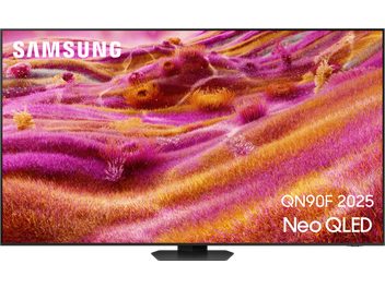 Téléviseur Samsung TQ65QN90F 2025 noir à cadre métallique ultrafin, écran plat Neo QLED vue de face, monté sur pied central trapézoïdal noir brillant