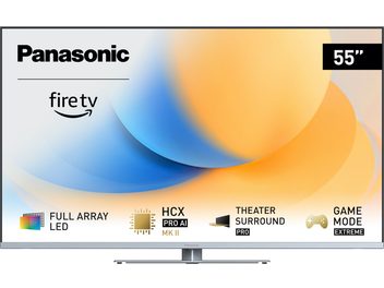 TV-55W93AE6 Panasonic, fladskærm, set forfra, fire tv-logo, størrelse 55", baggrund med blå og orange gradient, funktionsikoner