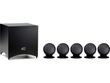 Pack d'enceintes compactes 5.1 Alcyone 3 noir mat, 1 caisson de basses cubique, 5 enceintes sphériques sur socle
