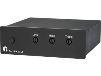 Pro-Ject Amp Box S3 CI High-Fidelity Power Amplifier Black, Front View, Button on the Left, 3 Knobs on the Right